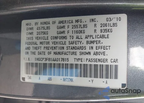 2010 Honda Accord 3.5 Ex-L from USA, damaged, VIN 1HGCP3F81AA017815